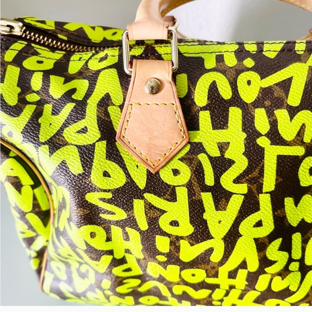 LOUIS VUITTON X Stephen Spriuse Monogram Graffiti Speedy 30 neon green LV bag - Picture 7 of 16